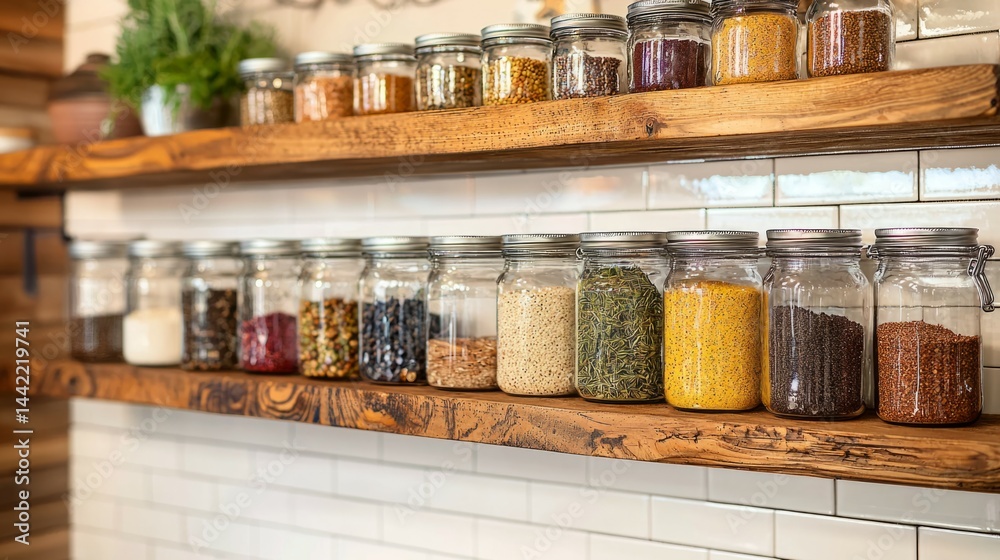 Colorful Glass Jars Filled with Various Dried Ingredients on Shelves