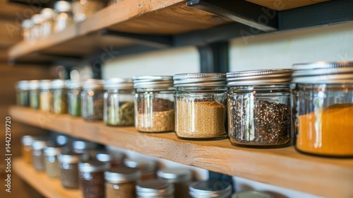 Obraz na płótnie Organized Spices and Herbs in Glass Jars on Wooden Shelves w salonie