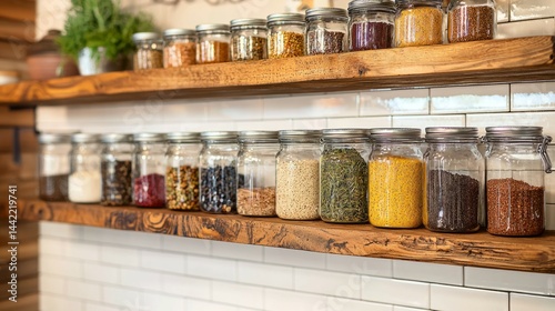 Obraz na płótnie Colorful Glass Jars Filled with Various Dried Ingredients on Shelves w salonie