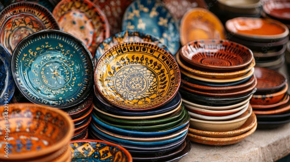 Colorful Handcrafted Ceramic Plates in Artisan Market Display
