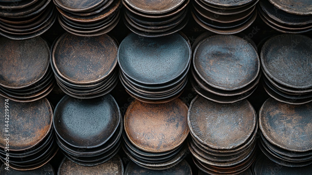 Stacked Rustic Plates in Varied Textures and Earthy Tones