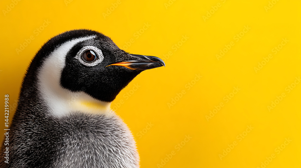 Naklejka premium Close-up of a penguin against a vibrant yellow background, highlighting its features and colors
