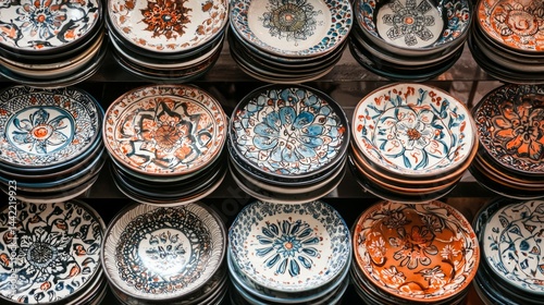 Obraz na płótnie Colorful Ceramic Plates with Intricate Patterns for Dining and Decor w salonie