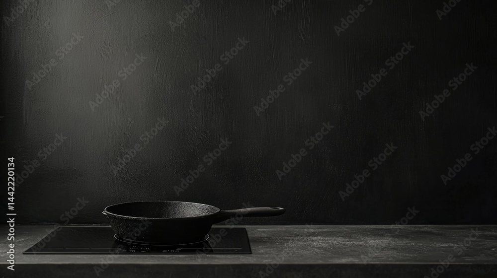 Black Cast Iron Pan on Modern Kitchen Counter with Dark Background