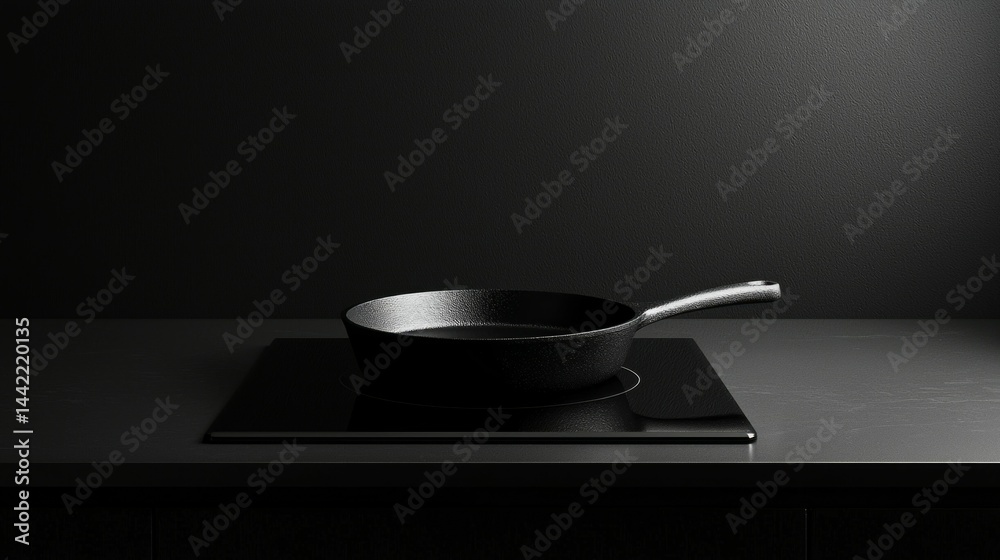 Elegant Cast Iron Pan on Minimalist Black Countertop Surface