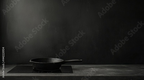 Obraz na płótnie Black Cast Iron Pan on Modern Kitchen Counter with Dark Background w salonie