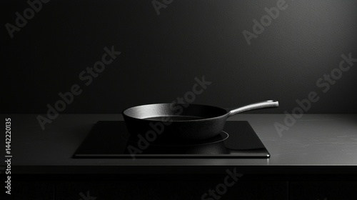 Obraz na płótnie Elegant Cast Iron Pan on Minimalist Black Countertop Surface w salonie