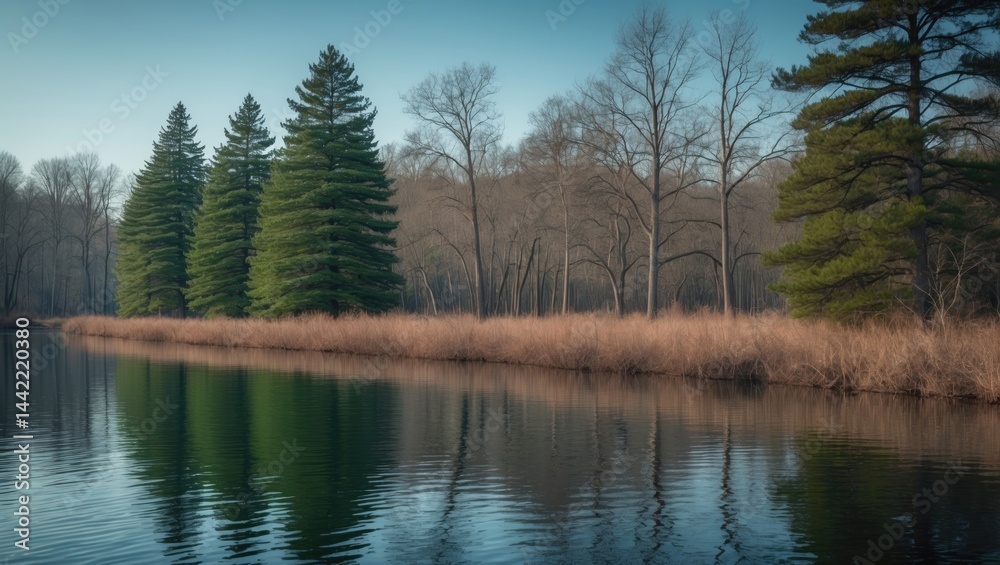 Obraz premium Pines in green height contrasted with oak trees