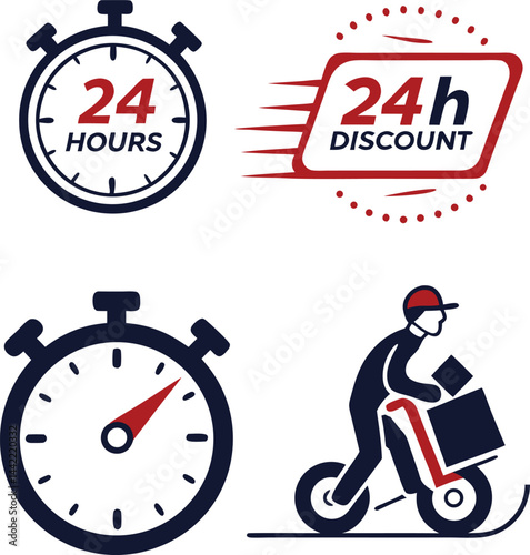 "24-Hour Delivery and Discount Promotion: Fast Service Concept with Stopwatch and Scooter Graphic"