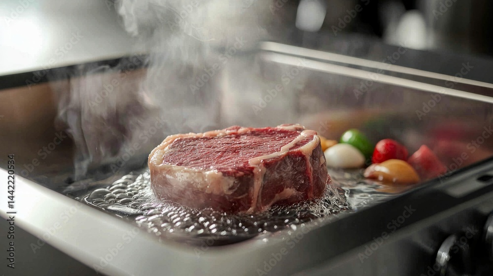 Sizzling Steak Cooking on Grill with Colorful Vegetables in Steam