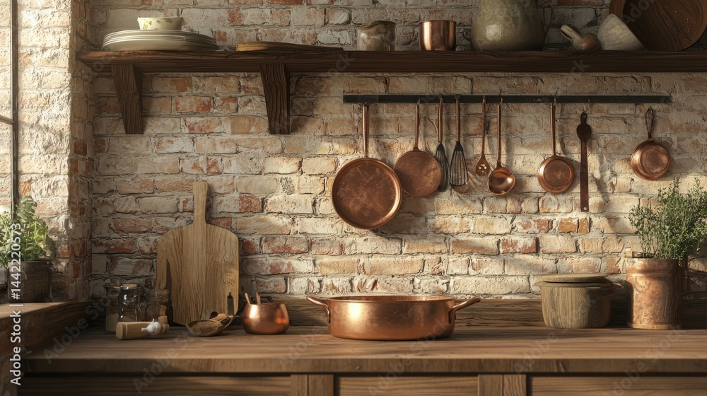 Rustic Kitchen Scene with Copper Cookware and Wooden Utensils Display