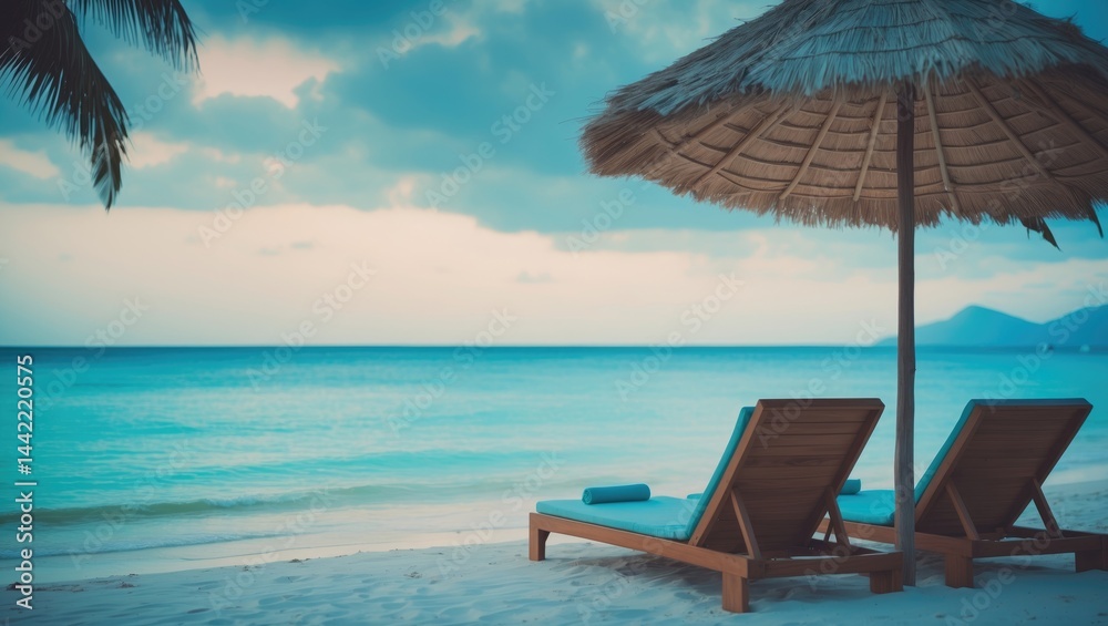 Tropical island luxury resort hotel vacation backdrop for summer holidays, including sun umbrella and beach chairs. Tropical island luxury resort hotel vacation backdrop for summer holidays, including sun umbrella and beach chairs.