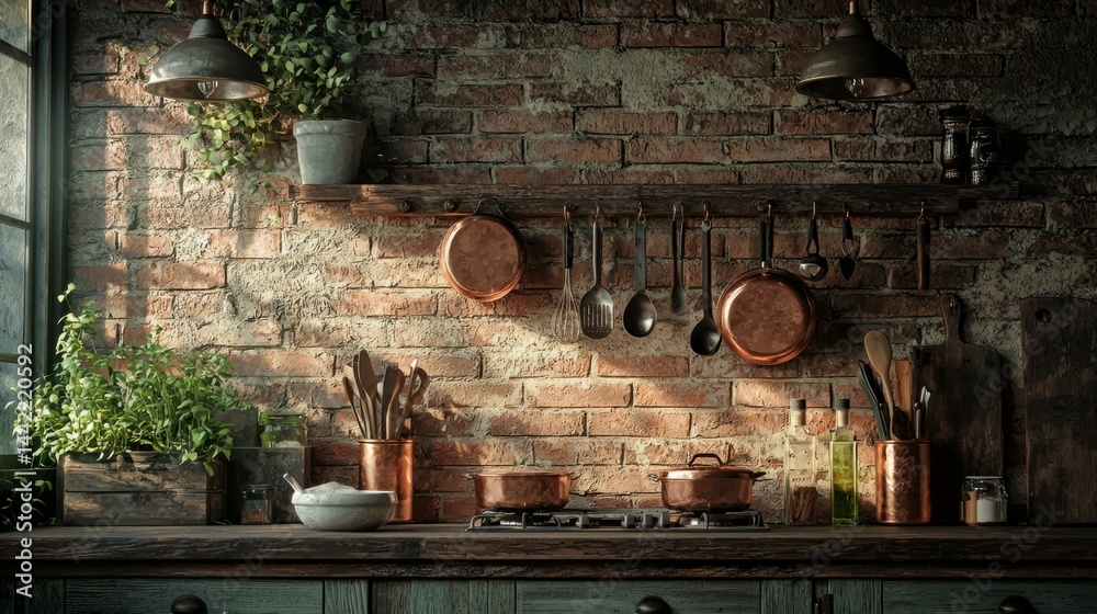 Rustic Kitchen Interior with Copper Pots and Vintage Decor Elements