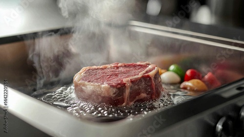 Obraz na płótnie Sizzling Steak Cooking on Grill with Colorful Vegetables in Steam w salonie