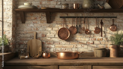 Obraz na płótnie Rustic Kitchen Scene with Copper Cookware and Wooden Utensils Display w salonie
