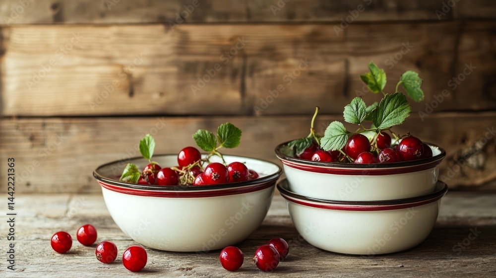 Fresh Red Berries in Vintage Bowls on Rustic Wooden Table
