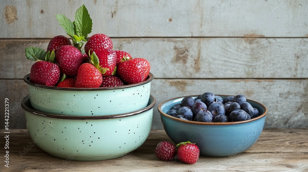 Fresh Berries in Colorful Bowls on Rustic Wooden Table