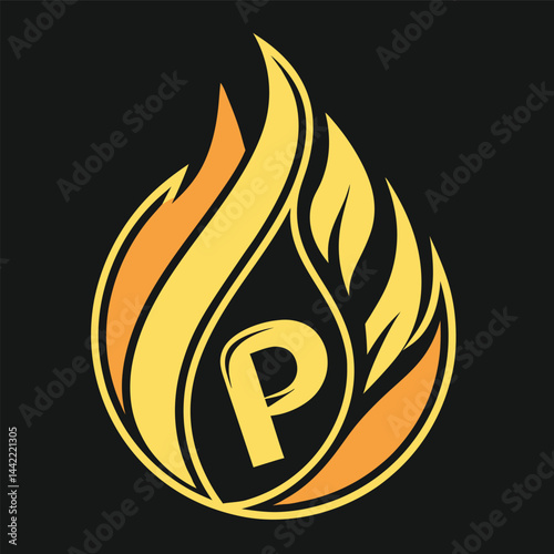 "Stylized Flame 'P' Logo: Dynamic Yellow and Orange Elements on Black Background | Bold and Energetic Design"