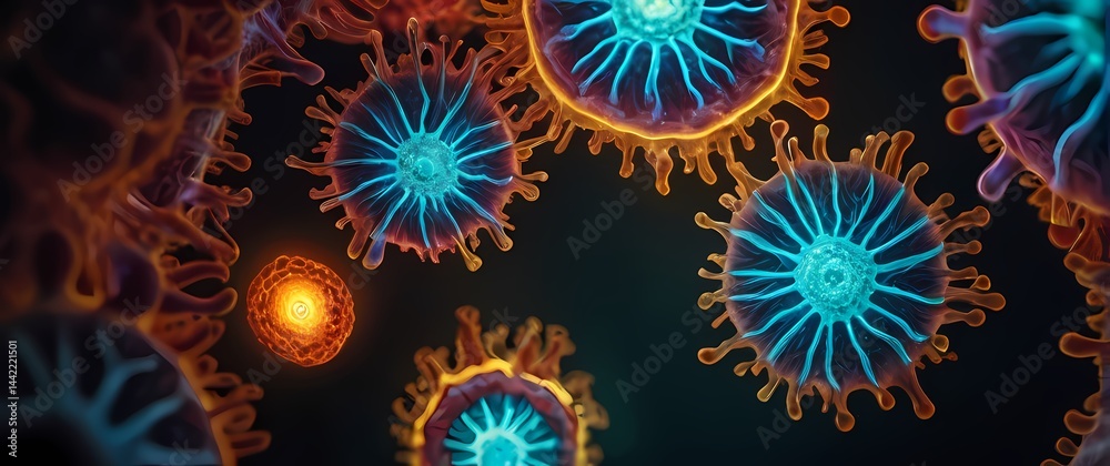Obraz premium Microscopic fluorescent images capturing intricate human cell structures glowing in detailed multi colored light