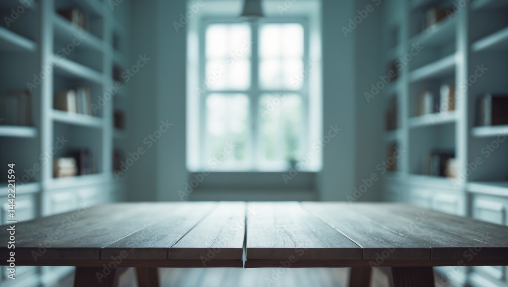 Decorative table background featuring a white home interior and spacious area with big window