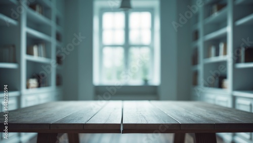 Obraz na płótnie Decorative table background featuring a white home interior and spacious area with big window w salonie