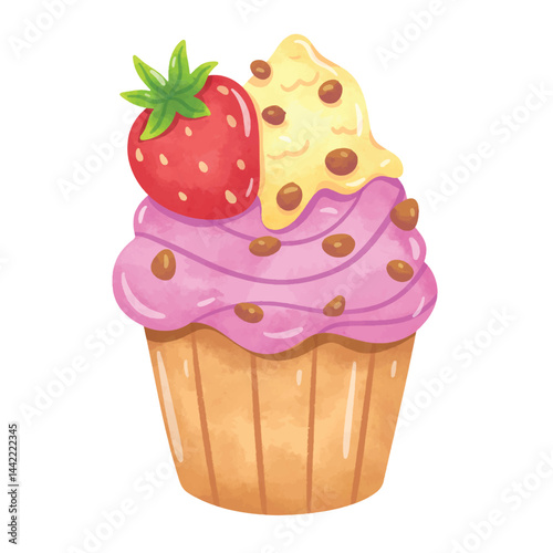 Cupcake clip art, hand drawn watercolor painting of cupcake, strawberry cupcake illustration vector, clip art cupcake
