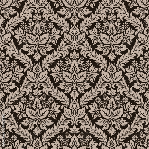 seamless damask pattern with baroque elements. Ornamental repetitive design for wallpapers, blinds, curtains, upholstery, bedding, slipcover, packaging.