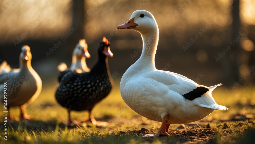 Ducks dine in a conventional rural barnyard. Duck head detail. Close-up view of a waterbird in the barnyard. Free-range poultry farming notion. Ducks dine in a conventional rural barnyard. Duck head detail. Close-up view of a waterbird in the barnyard. Free-range poultry farming notion.