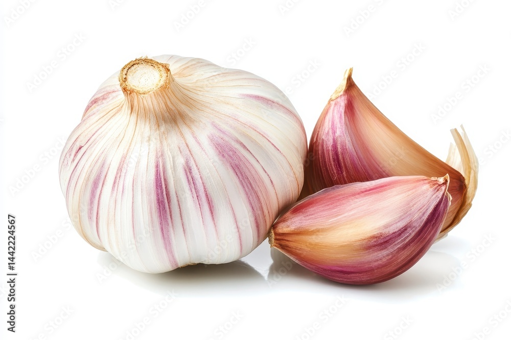 Obraz premium Whole Garlic Bulb and Cloves on White Background