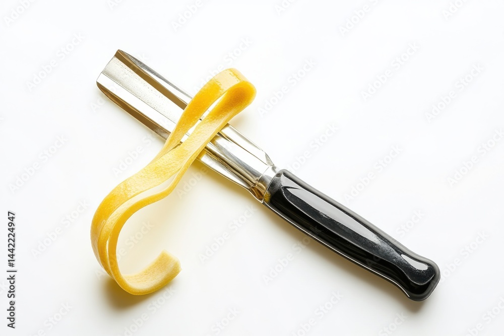 Obraz premium Fresh pasta creation a delicate yellow noodle skillfully peeled using a vintage vegetable peeler