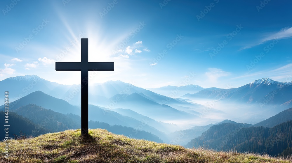 A wooden cross stands on a hilltop, illuminated by sunlight, with misty mountains and a clear blue sky in the background. A wooden cross stands on a hilltop, illuminated by sunlight, with misty mountains and a clear blue sky in the background.