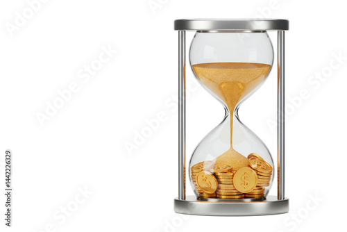 Hourglass with gold coins inside. Space for text.