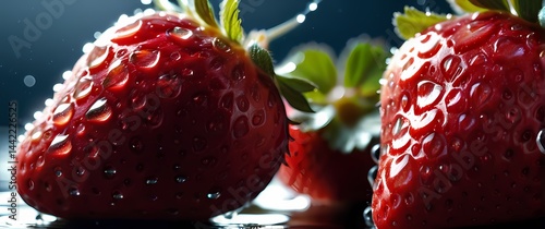 Macro photography of ripe strawberries shimmering with water droplets under soft natural light