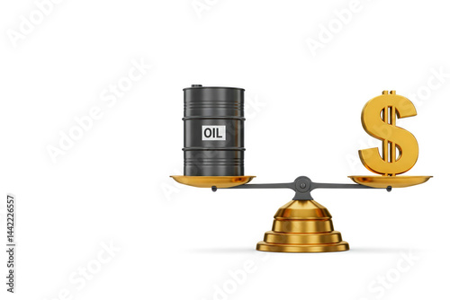 An oil barrel and a dollar on the scales. Space for text.