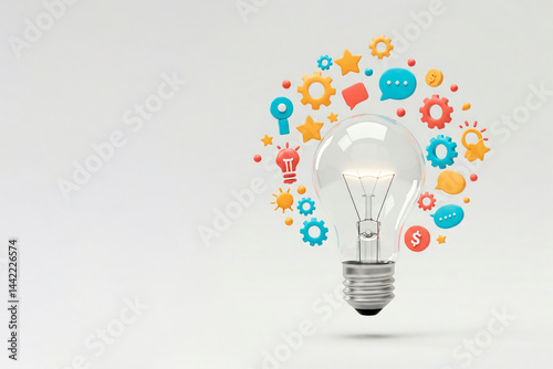 A light bulb with icons around. Space for text. photo