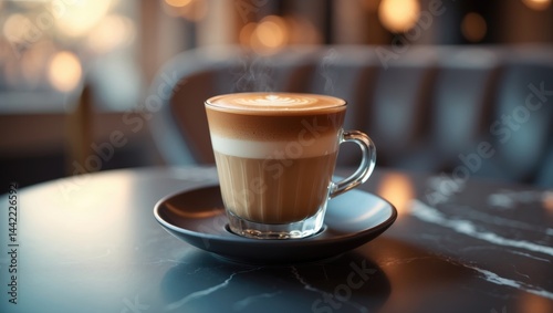 Piping hot piccolo latte in a simple cafe setting. Coffee notion. Specific focus.