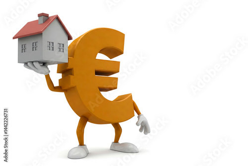 Euro symbol with a house in his hands on a white background. Space for text.