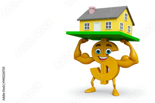 The dollar symbol carries the house with a joyful expression. Space for text.
