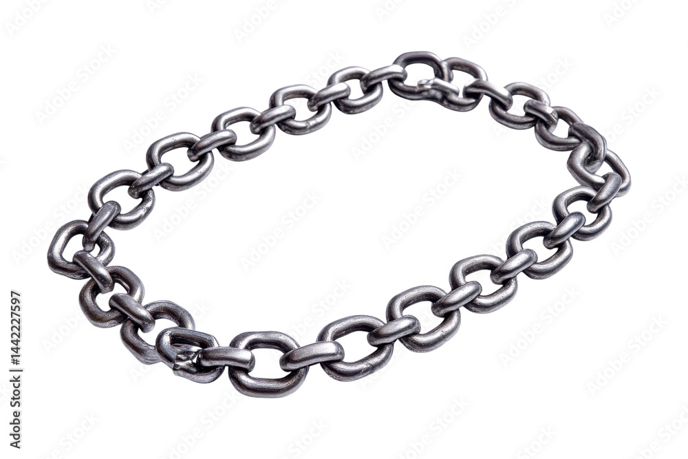 Obraz premium Strong metal chain link necklace oval shape on white background textured links industrial style