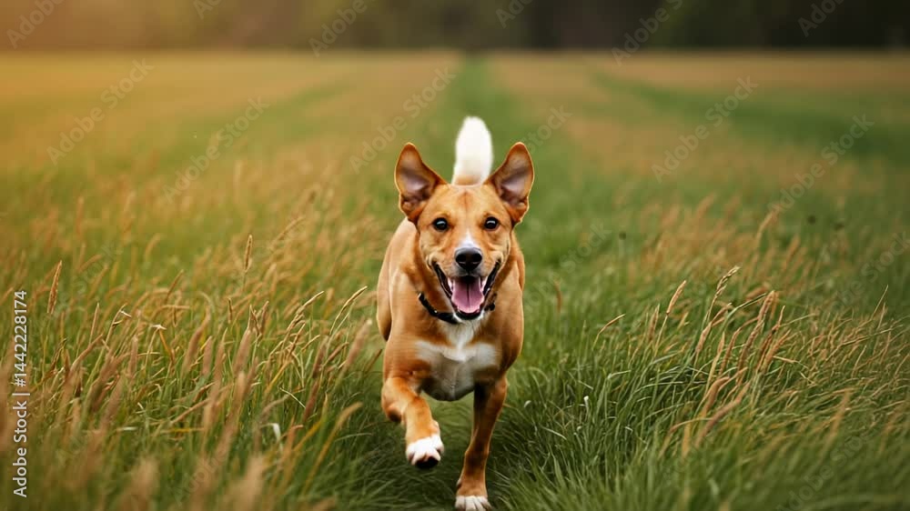 Happy dog running through a grassy field during sunset, with trees in the background - huntaway dogs Happy dog running through a grassy field during sunset, with trees in the background - huntaway dogs