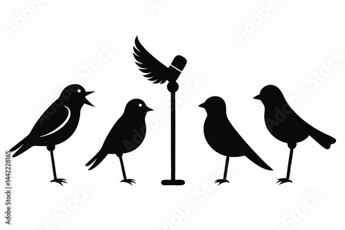 set of Bird Singing in mic vector silhouette illustration isolated on white background