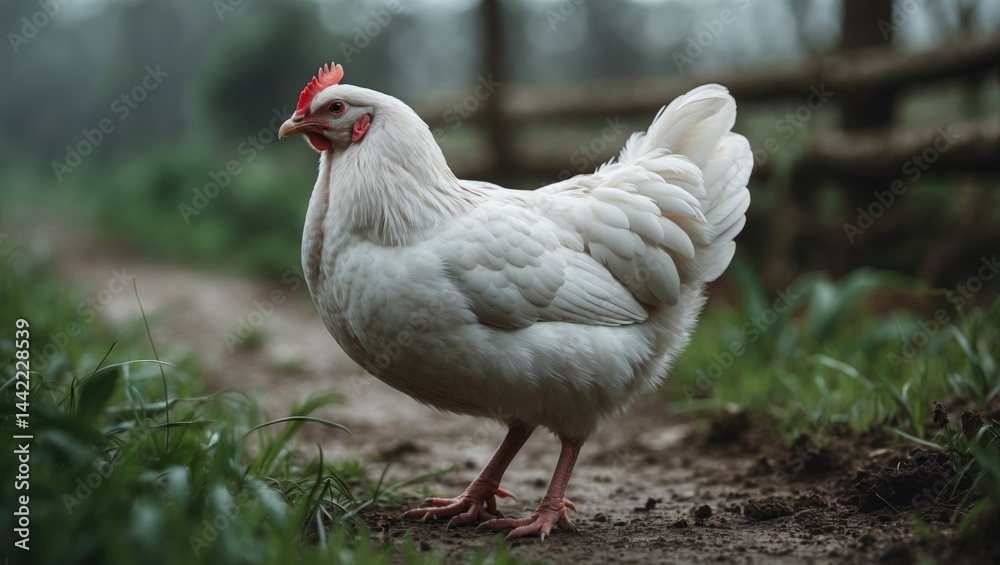 Fototapeta premium A stunning hen positioned gracefully in the garden, displaying its lustrous feathers and vibrant hues. The hen enhances the rustic appeal of the scene, blending effortlessly with the natural backdrop.