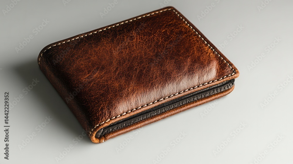 Elegant brown leather wallet placed on a smooth surface with intricate stitching details visible Elegant brown leather wallet placed on a smooth surface with intricate stitching details visible