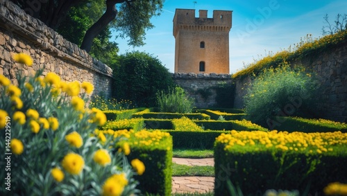 Ancient stone wall in a sunlit garden adorned with yellow flowers