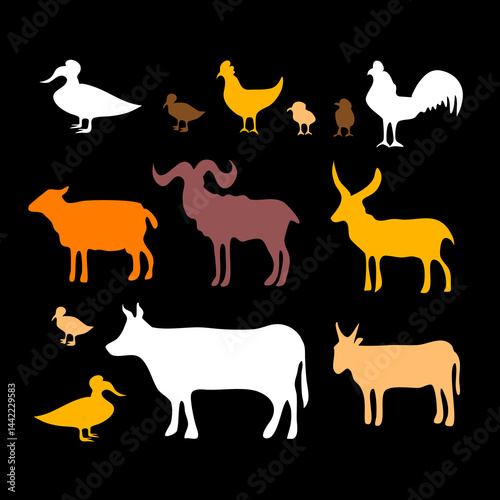 Collection of farm animal silhouette vector icons