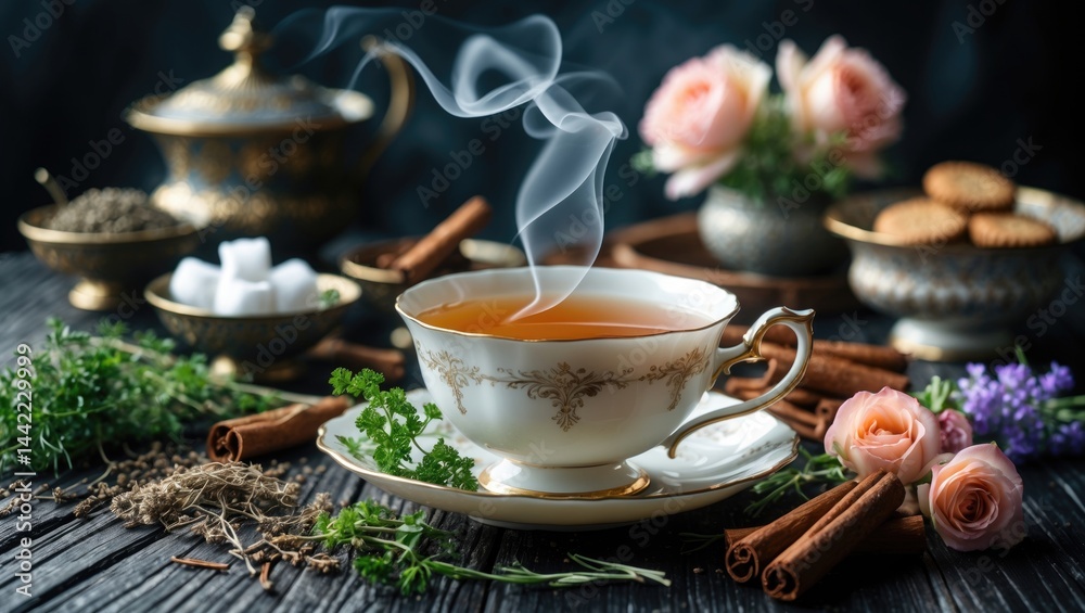 Fototapeta premium Cup of hot tea on aged background set on the table
