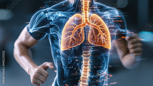 Dynamic shot of runner with digital holographic image of lungs, highlighting respiratory health and fitness. vibrant illustration emphasizes importance of exercise