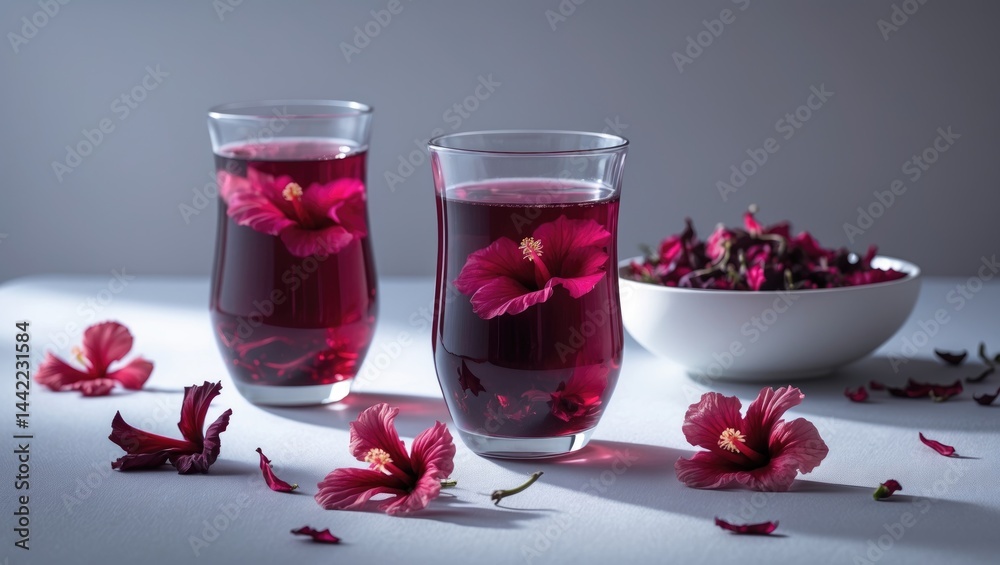 Herbal tea brewed from hibiscus petals in a transparent mug alongside dry hibiscus flowers Herbal tea brewed from hibiscus petals in a transparent mug alongside dry hibiscus flowers