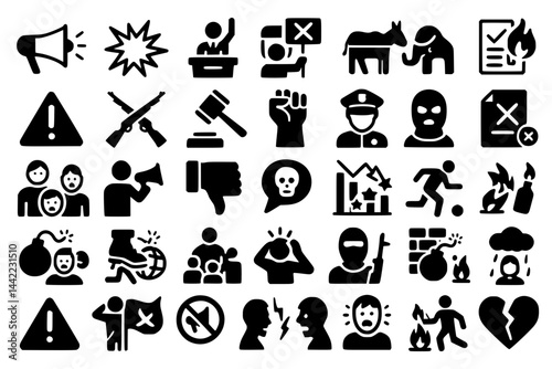 Social Conflict Icons.conflict, protest, megaphone, explosion, debate, opposition, politics, donkey, elephant, checklist, fire, warning, guns, gavel, raised fist, police, criminal, rejection, fear,