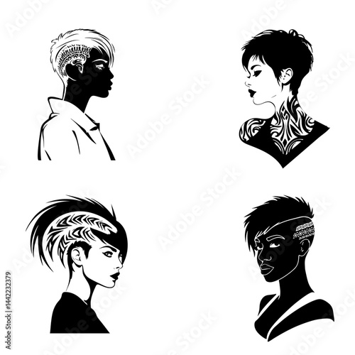 Epathetic short women's haircuts with shaved temples. Set of drawn vector sketches in style of tribal tattoo